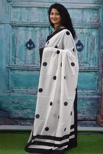 Polka dot block print pure cotton saree