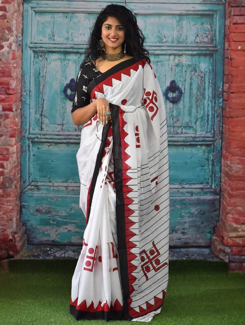 Ethnic motif printed pure cotton ikat saree