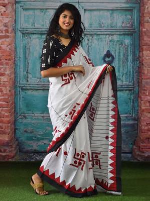 Ethnic motif printed pure cotton ikat saree 2