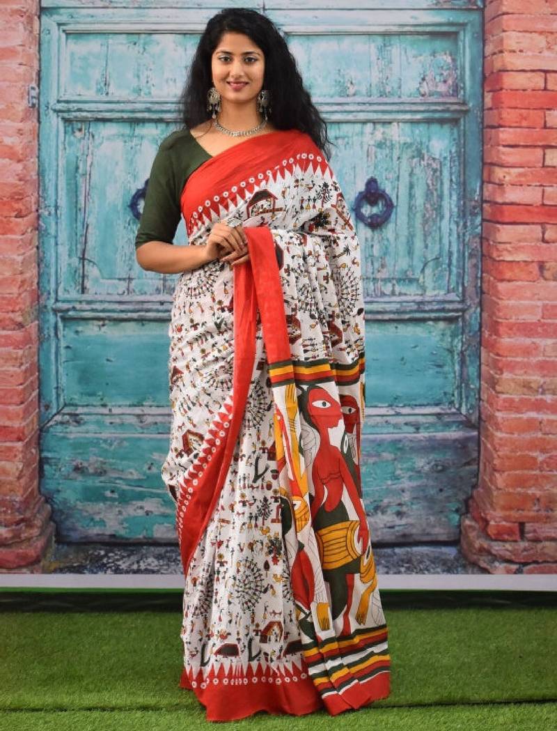Ethnic motifs pure cotton block print saree