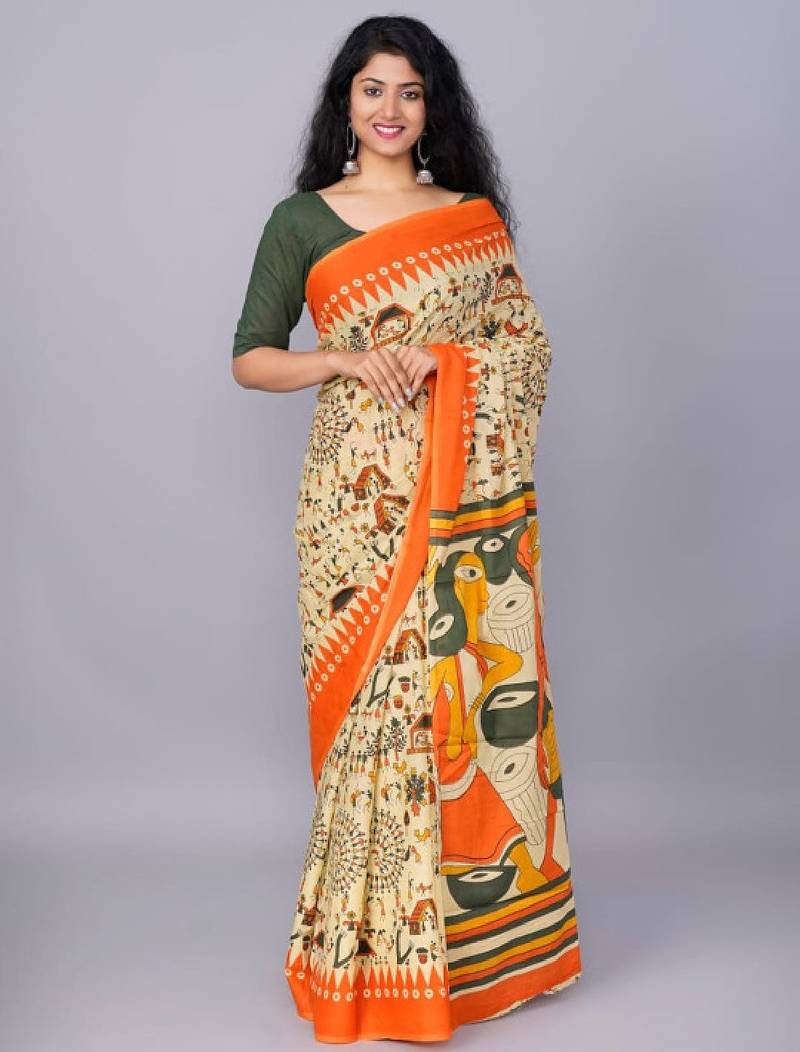 Ethnic motifs printed pure cotton block print saree