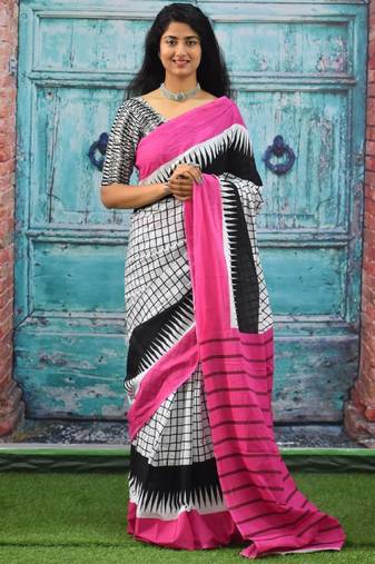 Checked pure cotton block print saree