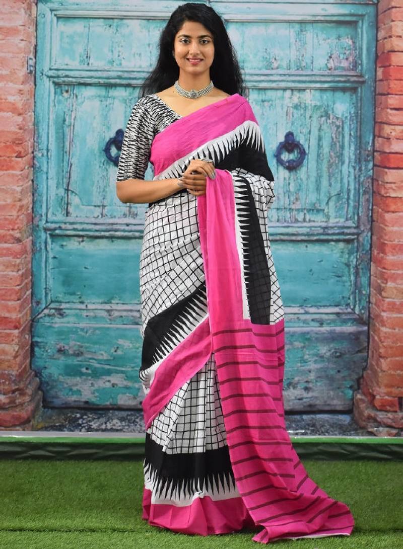 Checked pure cotton block print saree
