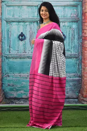 Checked pure cotton block print saree