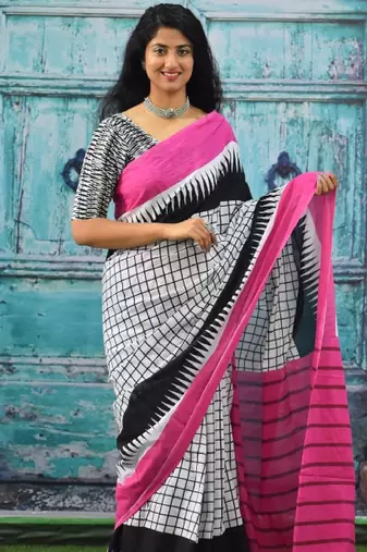 Checked pure cotton block print saree