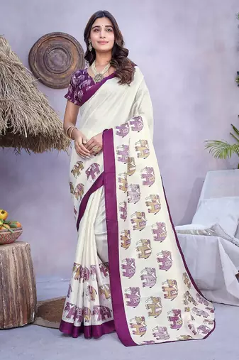 cream mysore silk saree with ethnic motifs print design