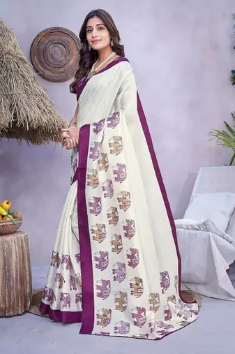 cream mysore silk saree with ethnic motifs print design