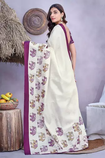 cream mysore silk saree with ethnic motifs print design