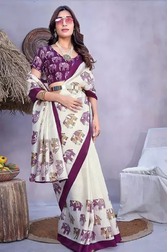 cream mysore silk saree with ethnic motifs print design