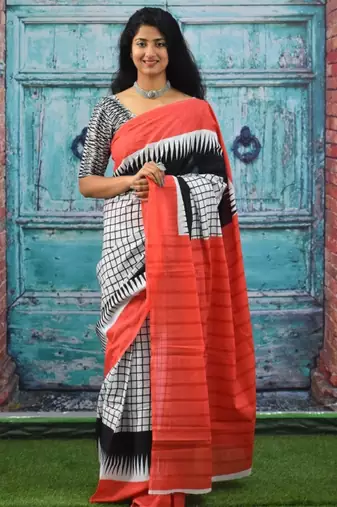 Checked block print saree