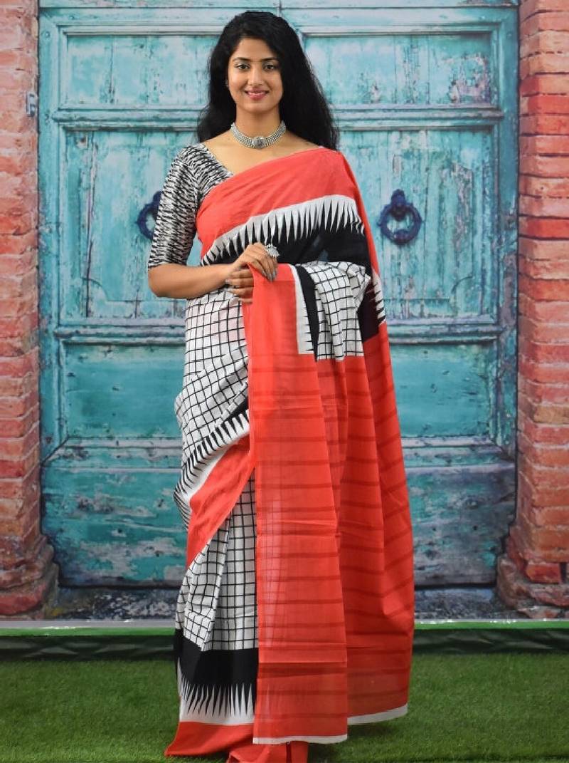 Checked block print saree