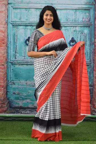 Checked block print saree