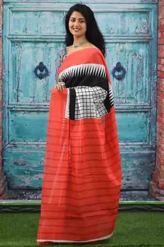 Checked block print saree