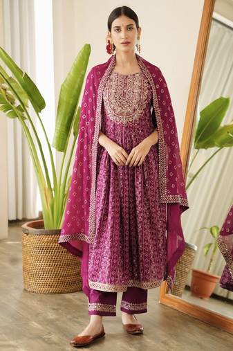 Purple Embroidered Printed Kurti Pant Dupatta