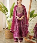 Purple Embroidered Printed Kurti Pant Dupatta