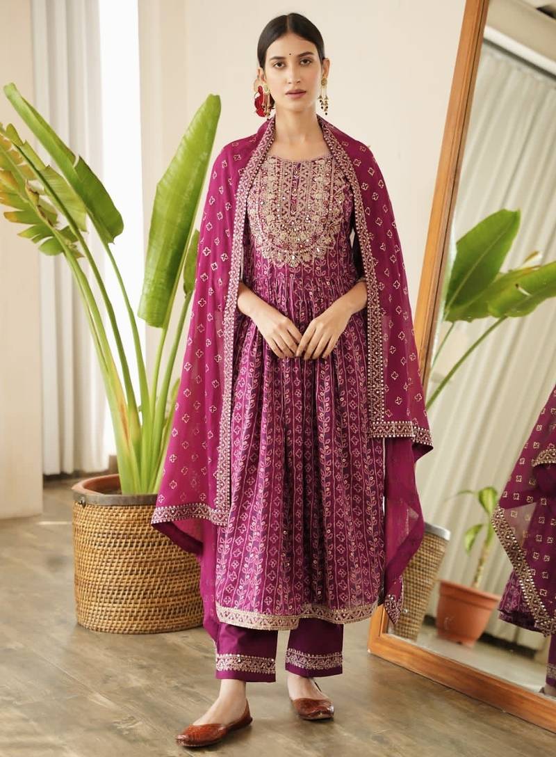 Purple Embroidered Printed Kurti Pant Dupatta