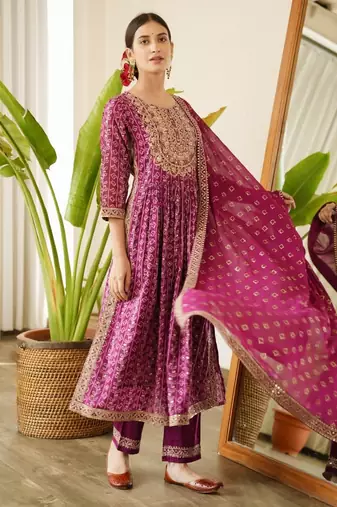 Purple Embroidered Printed Kurti Pant Dupatta