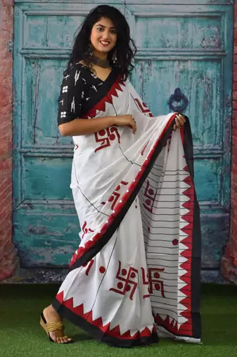 Ethnic motifs pure cotton block print saree