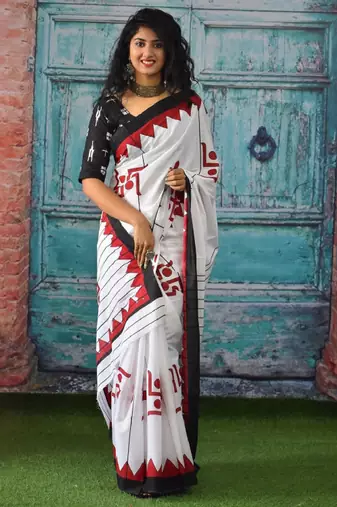 Ethnic motifs pure cotton block print saree