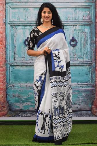 white pure cotton saree with ethnic motif print design