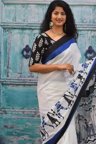 Ethnic motifs pure cotton block print saree