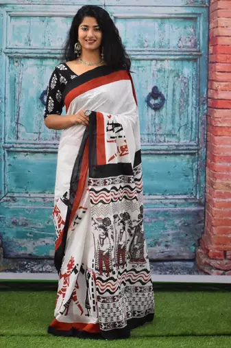 Ethnic motifs pure cotton block print saree