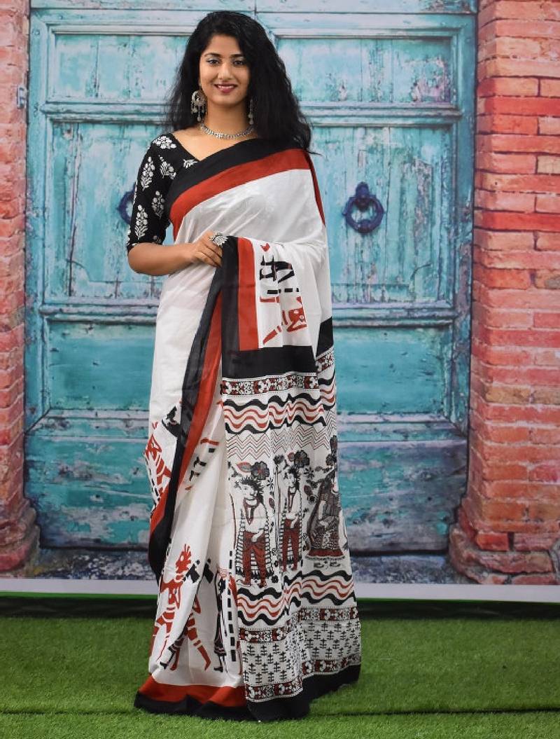 Ethnic motifs pure cotton block print saree