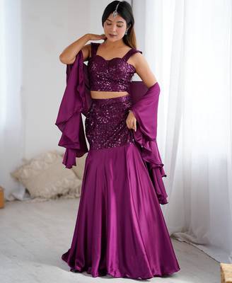 Wine Purple Net Embroidered Sequin Fish Cut Lehenga Set with Dupatta 1