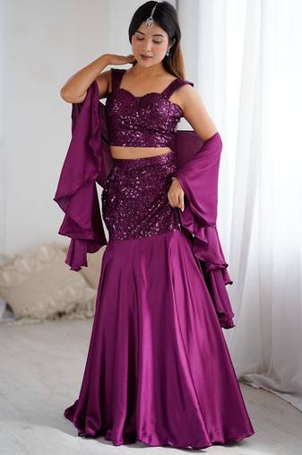 Wine Purple Net Embroidered Sequin Fish Cut Lehenga Set with Dupatta