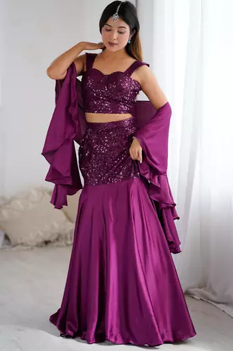 Wine Purple Net Embroidered Sequin Fish Cut Lehenga Set with Dupatta