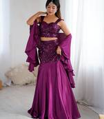 Wine Purple Net Embroidered Sequin Fish Cut Lehenga Set with Dupatta