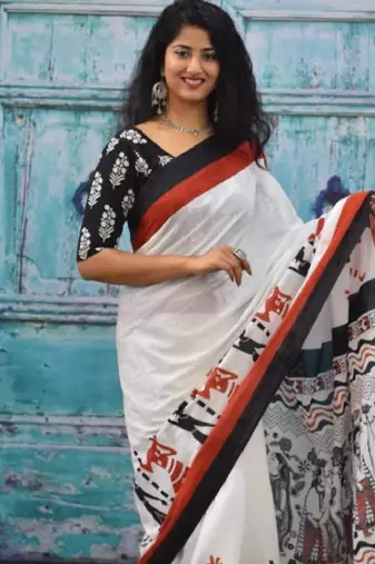 Ethnic motifs pure cotton block print saree
