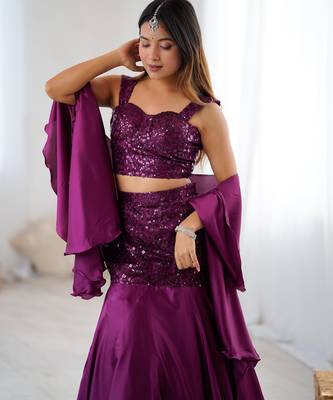 Wine Purple Net Embroidered Sequin Fish Cut Lehenga Set with Dupatta 2