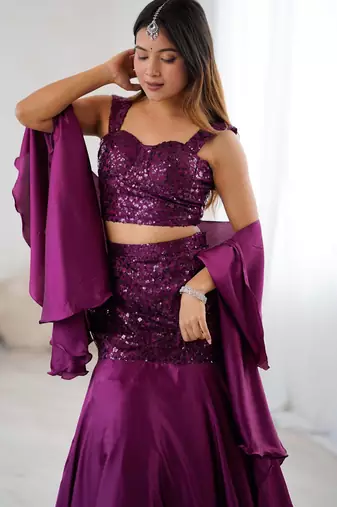 Wine Purple Net Embroidered Sequin Fish Cut Lehenga Set with Dupatta