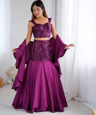 Wine Purple Net Embroidered Sequin Fish Cut Lehenga Set with Dupatta 3