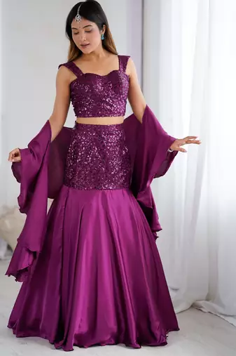 Wine Purple Net Embroidered Sequin Fish Cut Lehenga Set with Dupatta