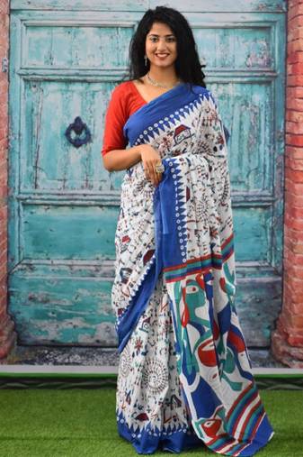 white pure cotton saree with traditional motif prints