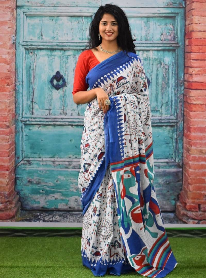 Ethnic motifs pure cotton block print saree