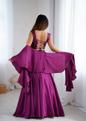 Wine Purple Net Embroidered Sequin Fish Cut Lehenga Set with Dupatta 4