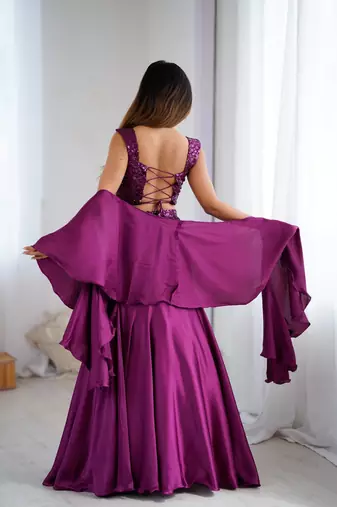 Wine Purple Net Embroidered Sequin Fish Cut Lehenga Set with Dupatta