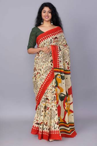 cream cotton saree with block print design