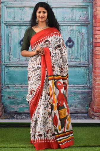 white cotton saree with ethnic motif block print