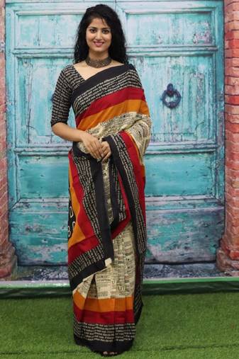 cream cotton saree with ethnic block print design