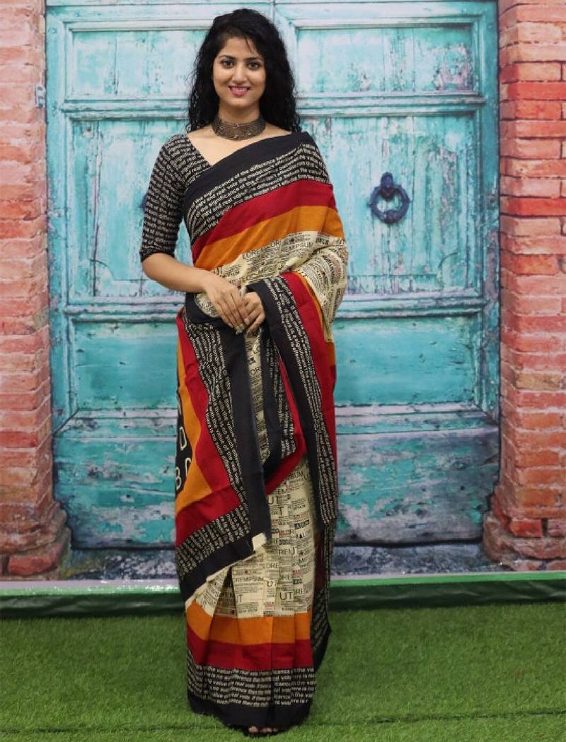 Ethnic motifs pure cotton block print saree