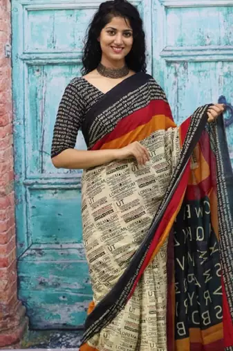 Ethnic motifs pure cotton block print saree
