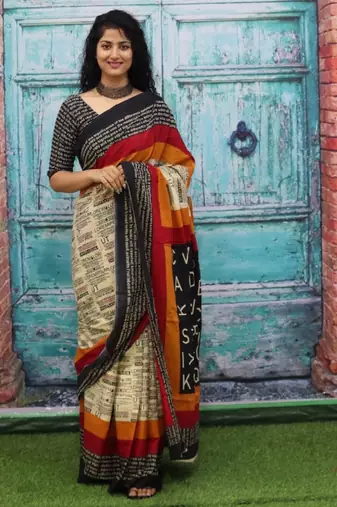 Ethnic motifs pure cotton block print saree