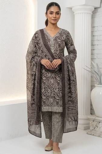 Brown printed cotton blend stitched floral print salwar kurta dupatta for women