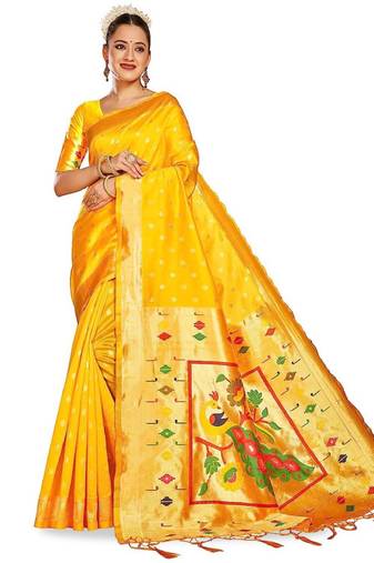gold silk saree with ethnic motif woven zari work