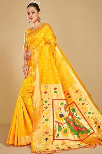 gold silk saree with ethnic motif woven zari work