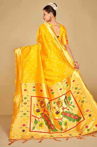 gold silk saree with ethnic motif woven zari work